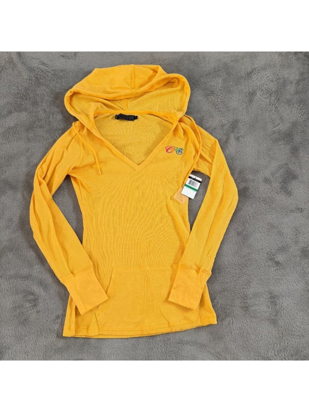 NWT Vintage Y2K Coogi Yellow Waffle Knit Hoodie Shirt Top Large Fitted Grunge